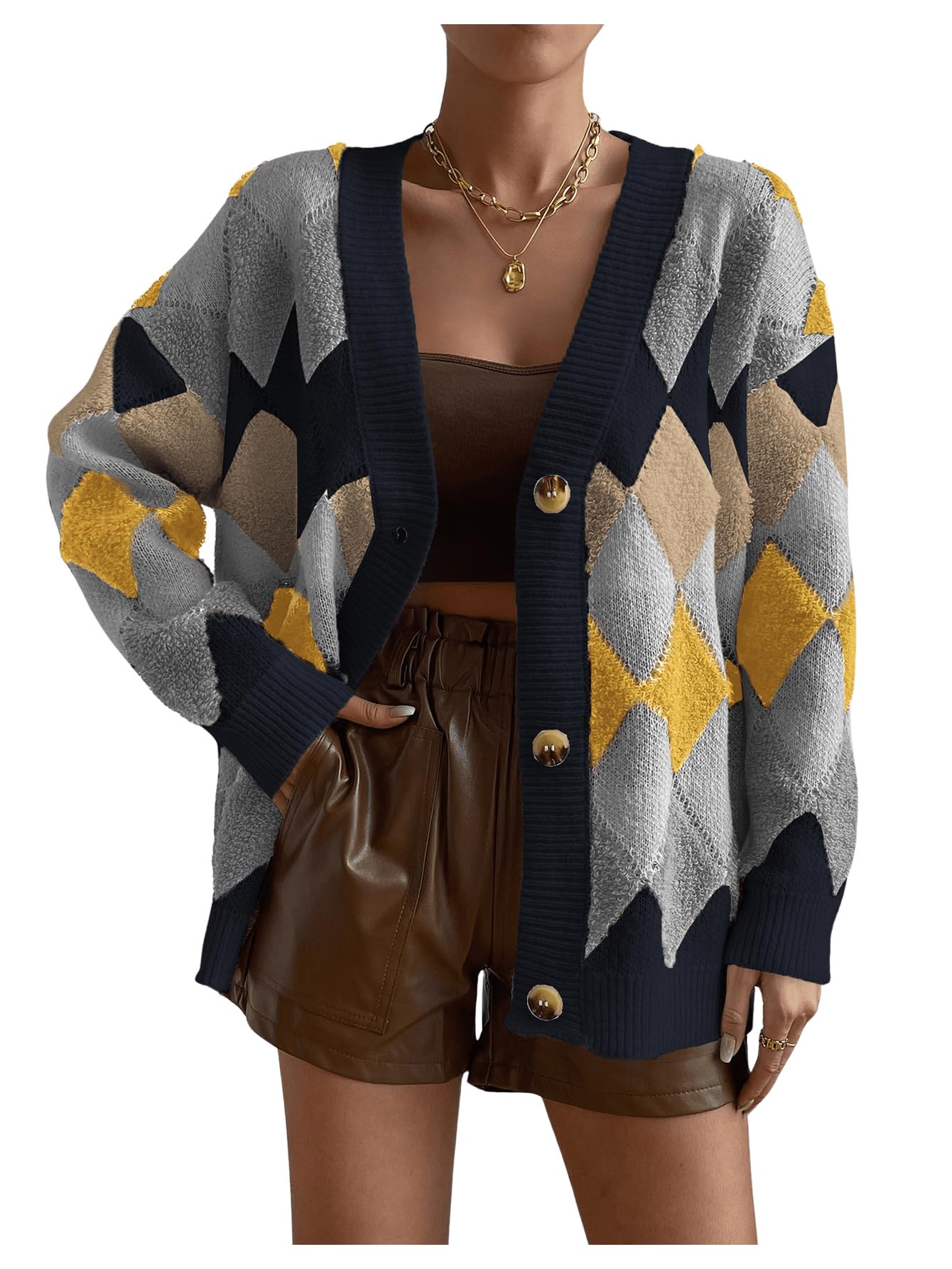 GORGLITTER Women's Checkered Cardigan Sweater Open Front Chunky Knit Sweater Outwear