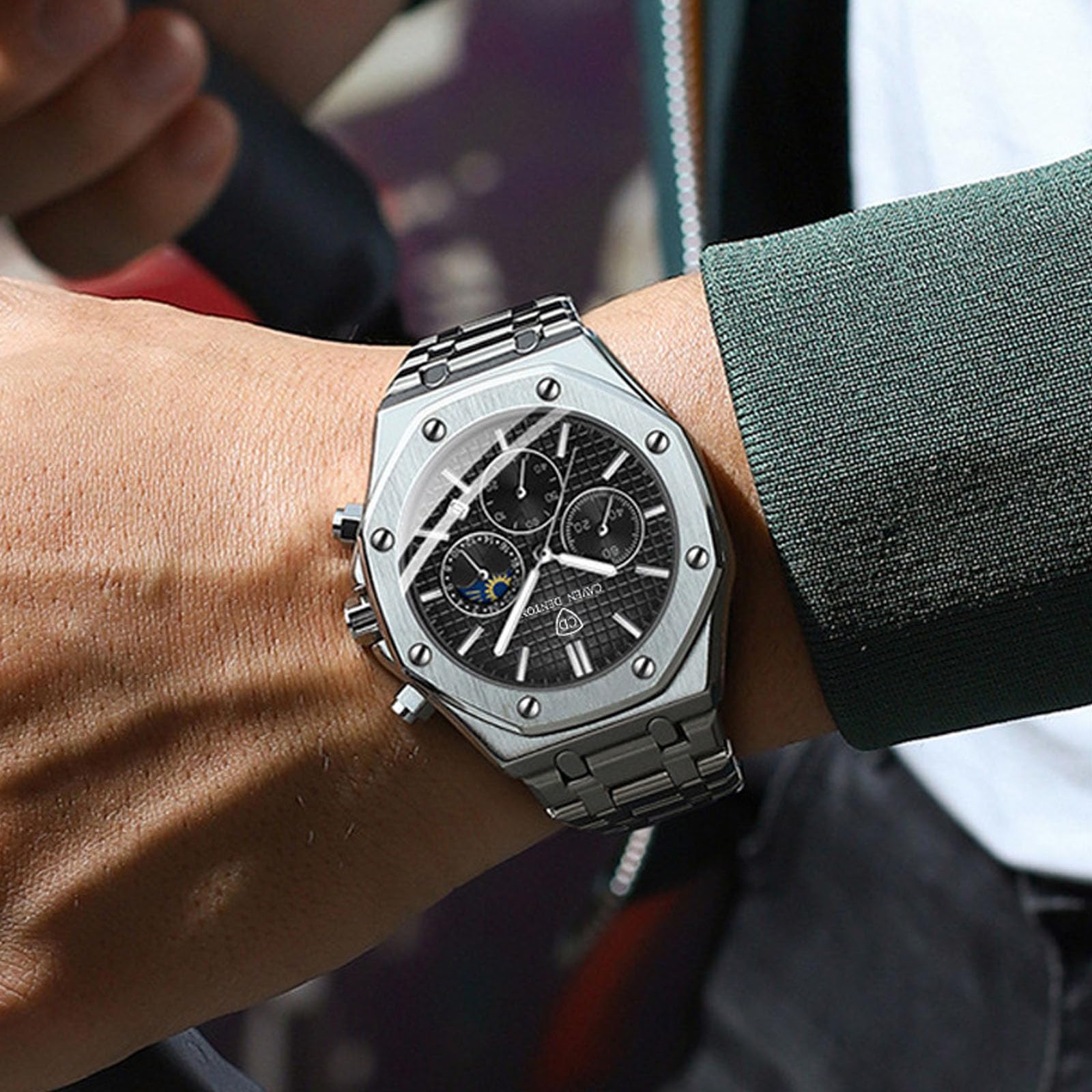 Orologio da uomo di lusso, ottagonale, classico, da lavoro, con datario, impermeabile, analogico, al quarzo, cinturino in acciaio inox, strumento di regolazione incluso