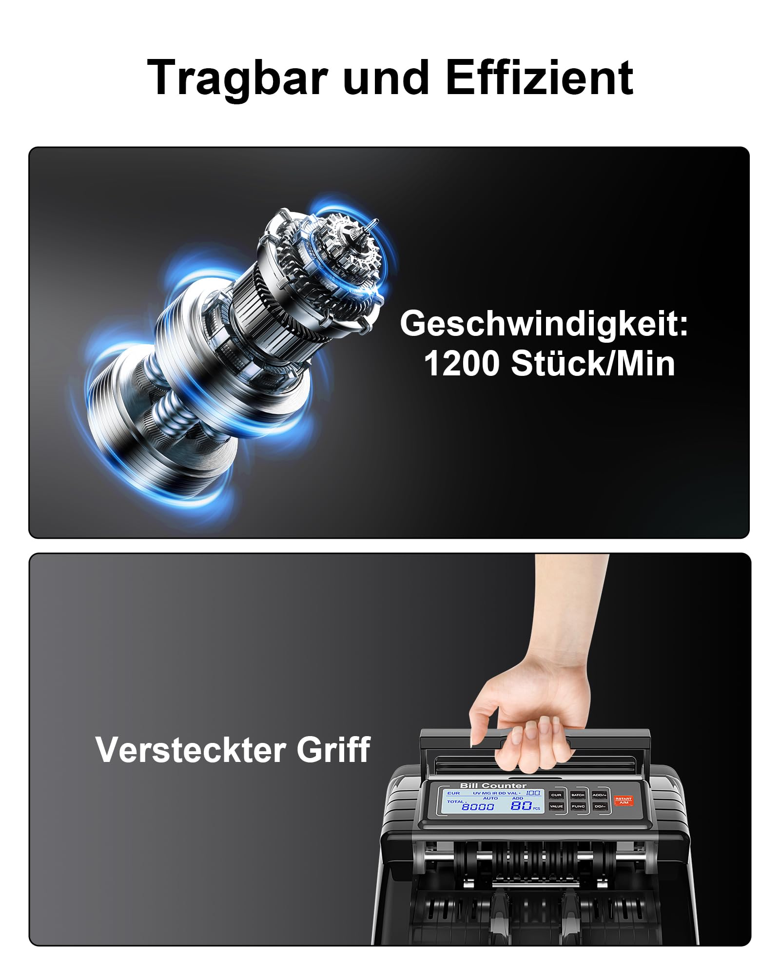AL1000 Geldzählmaschine, UV/IR/DD/MG Falschgelderkennung, Wertzählung & Batch & Additions Funktionen, LCD-Display, 1200 Banknoten/Min., Unterstützt Mehrere Währungen, Schwar