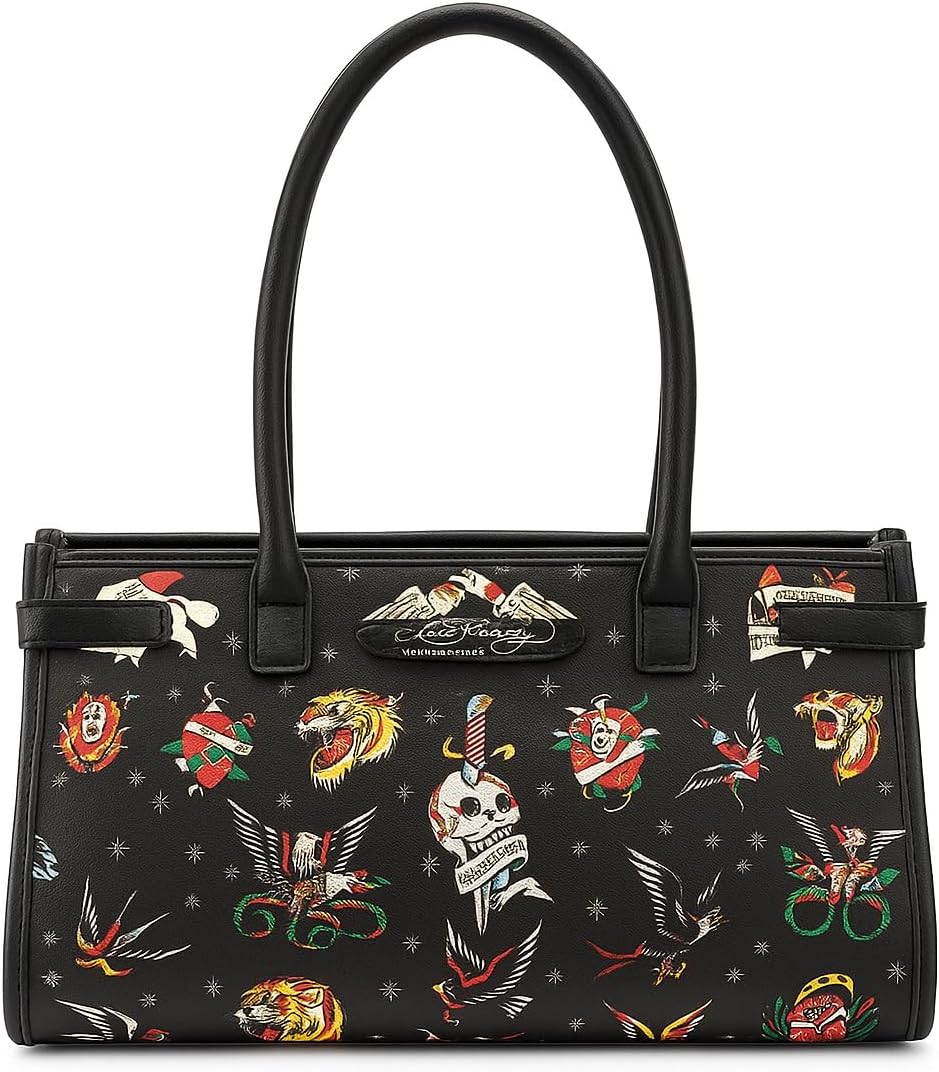 ED HARDY Women’s Shoulder/Crossbody Bag – Tattoo Art Print – Black