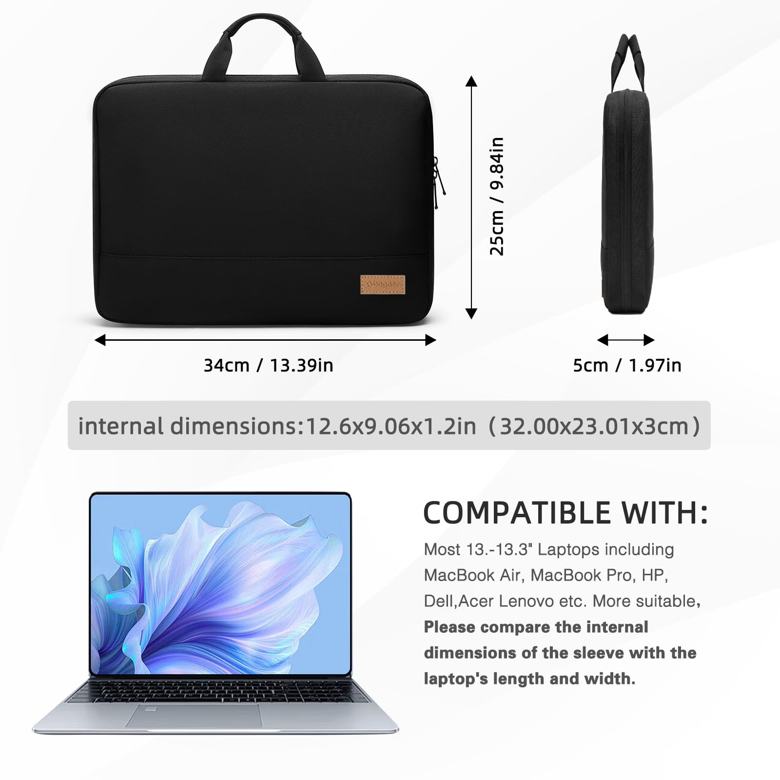 bagasin Custodia Borsa Porta PC, 13 13,3 Pollici Sleeve per Laptop TSA Resistente all'Acqua, Borsa/Caso da Trasporto per Computer Compatibile con MacBook, HP, Dell, Lenovo, Asus Notebook