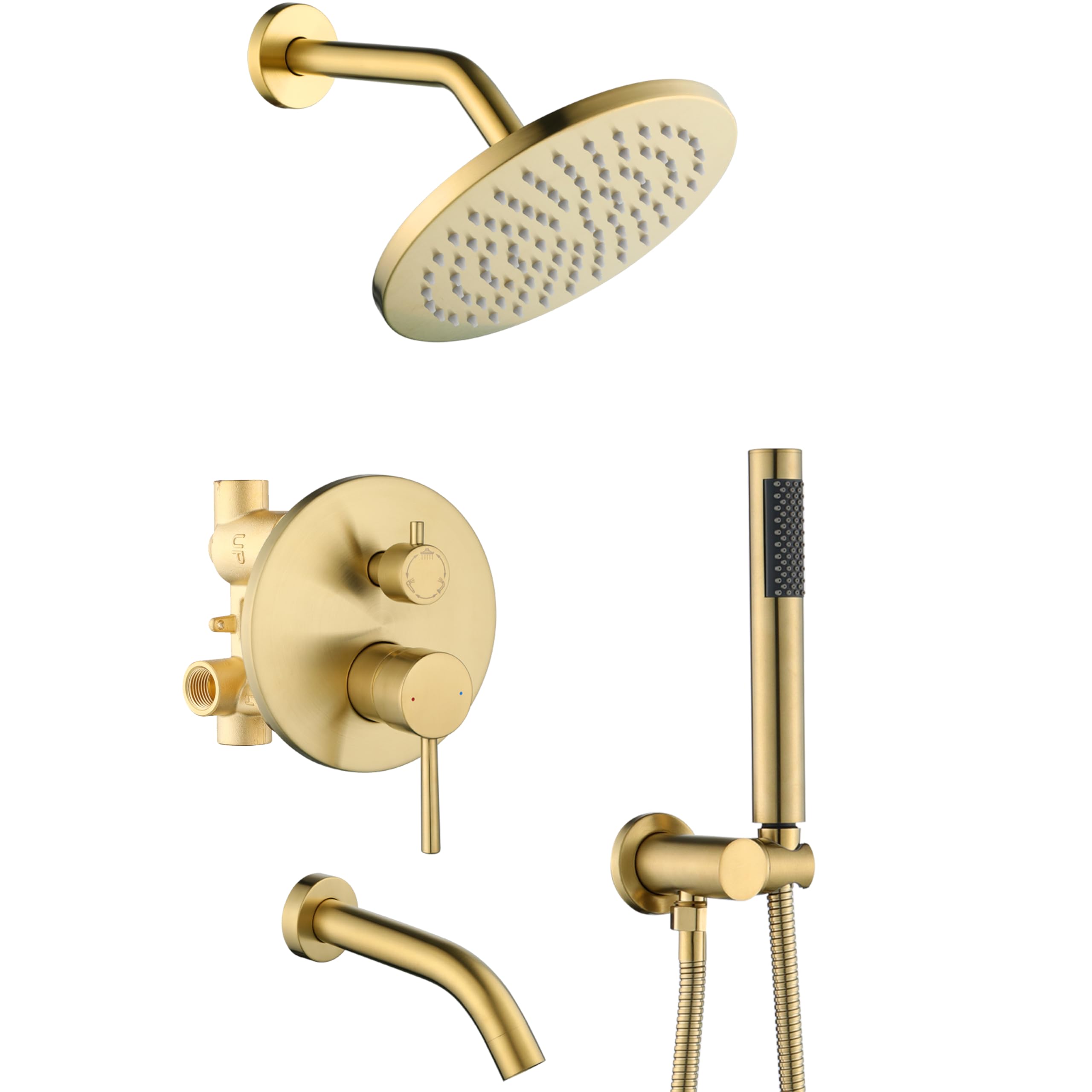 Photo 1 of RF SUNUAN Shower System with Tub Spout, Gold Bathtub Shower Faucet Set, 8" Rain Shower Head and Handheld Spray Combo, Round Shower Head and Handle Set with Tub Spout (Valve Included), Brushed Gold