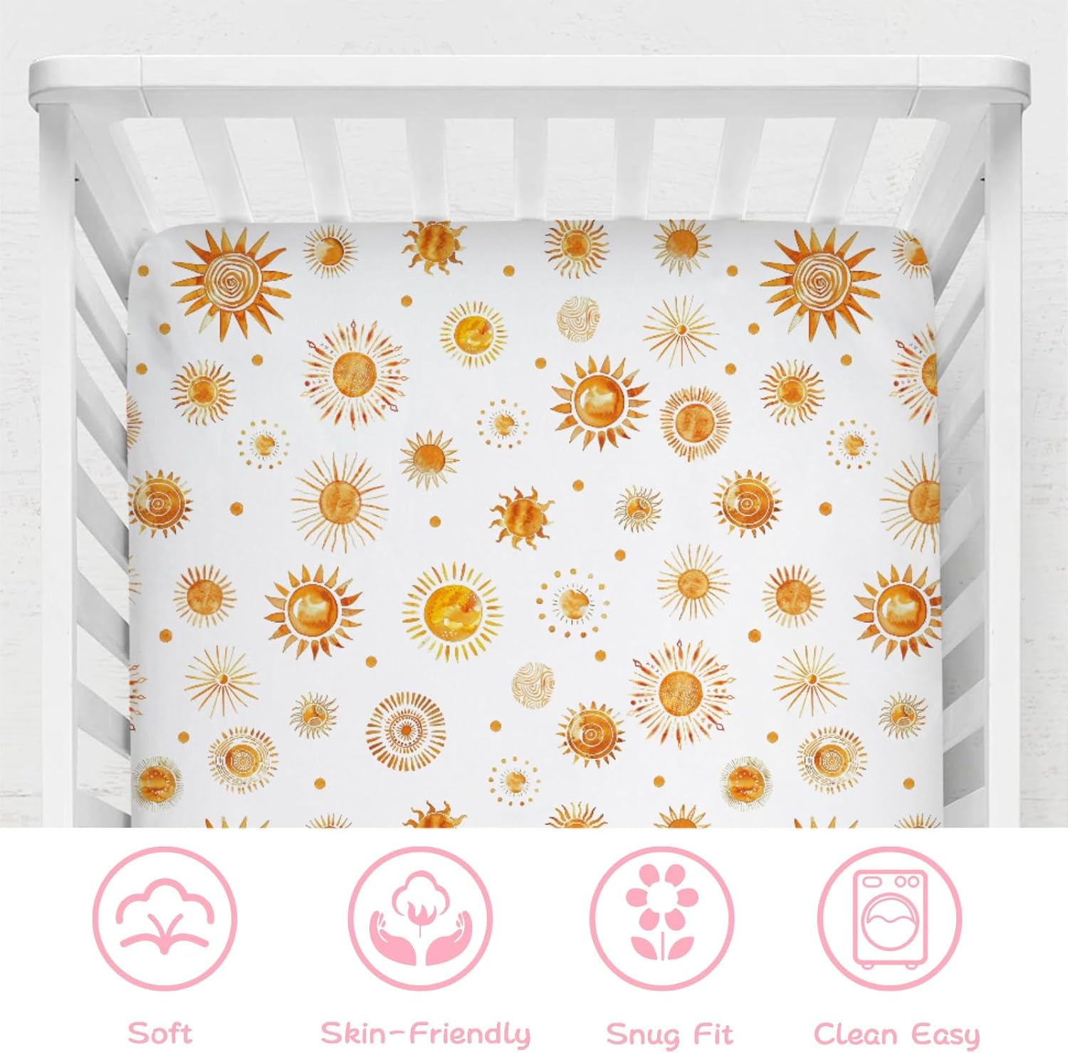Watercolor Suns Totem Baby Crib Sheets 52''x28'' Boho Sunshine Stretchy Fitted Crib Mattress Covers for Boy Girl Golden Suns Soft Nursery Baby Bed Sheets for Standard Crib and Toddler Mattress