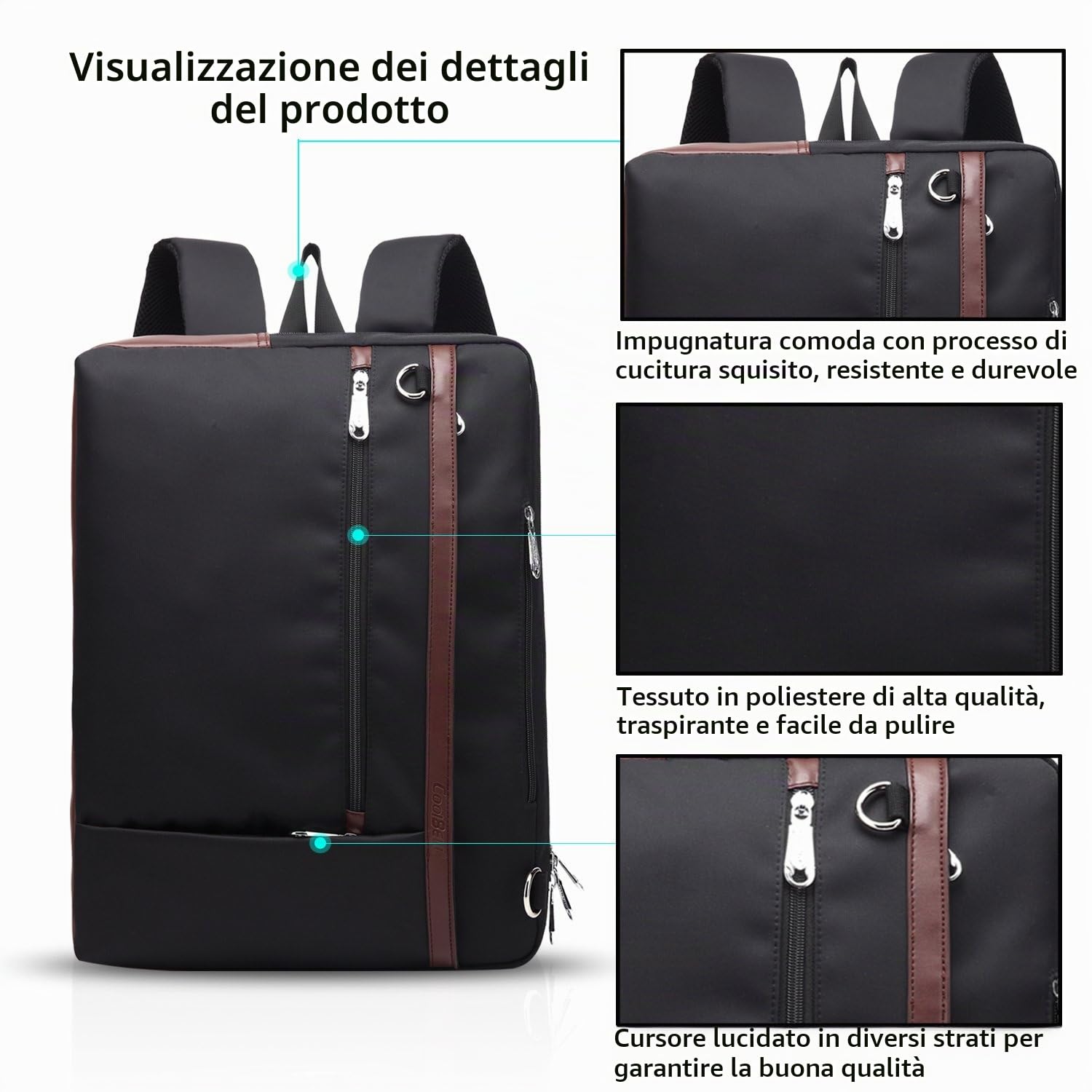FANDARE Moda 3 In 1 Borsa a Tracolla e Zaino 15.6 Pollici per Computer Portatile - Messenger Affari, Viaggio, Scuola, Università - Impermeabile per Uomo e Donna - Poliestere Nero