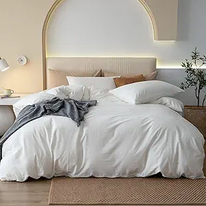 JIYUAN 100% Washed Cotton Duvet Cover Set 3 PCS Oversized King Plus, 1 Duvet Cover 128"x120"(Comforter Not Included) and 2 Pillowcases,Linen Feel Bedding Set Comfy and Breathable,Off White