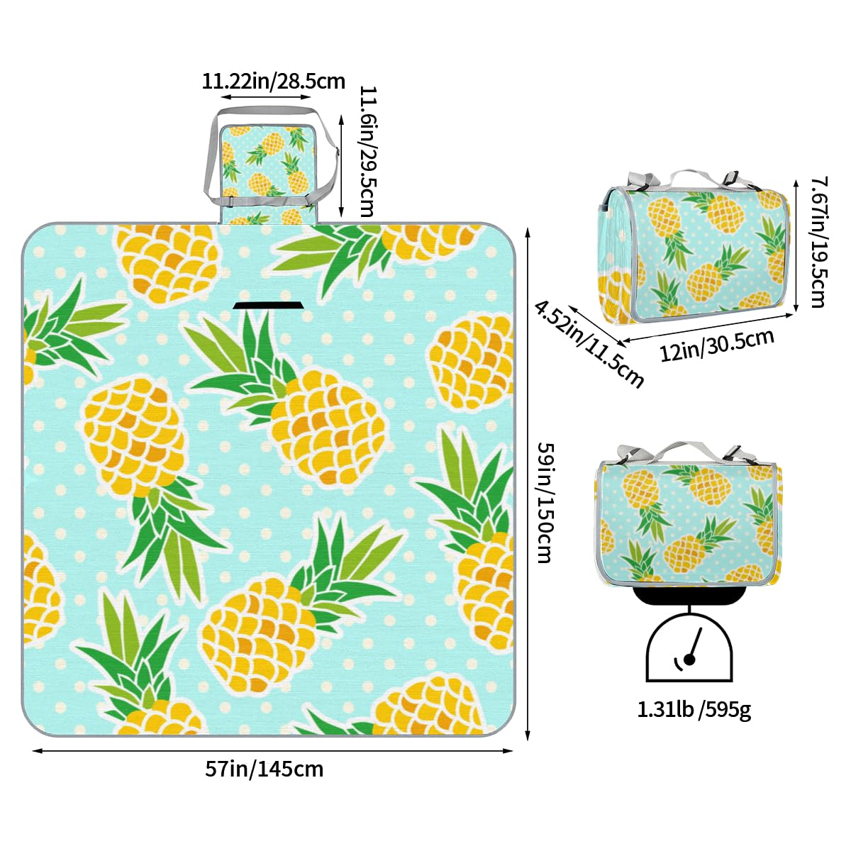 Shimoshe Picnic Blankets 57”x 59”, Pineapple Print On Blue Background Waterproof Sandproof Picnic Mat Lightweight Foldable Beach Blanket for Camping Park Grass Beach Outdoor Blanket