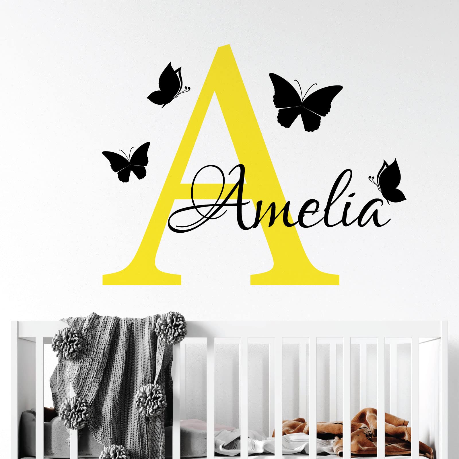 Personalised Name - Initial Letter and Butterflies - Baby Nursery Vinyl Wall Decal Sticker [Medium] [Lemon] — image 1