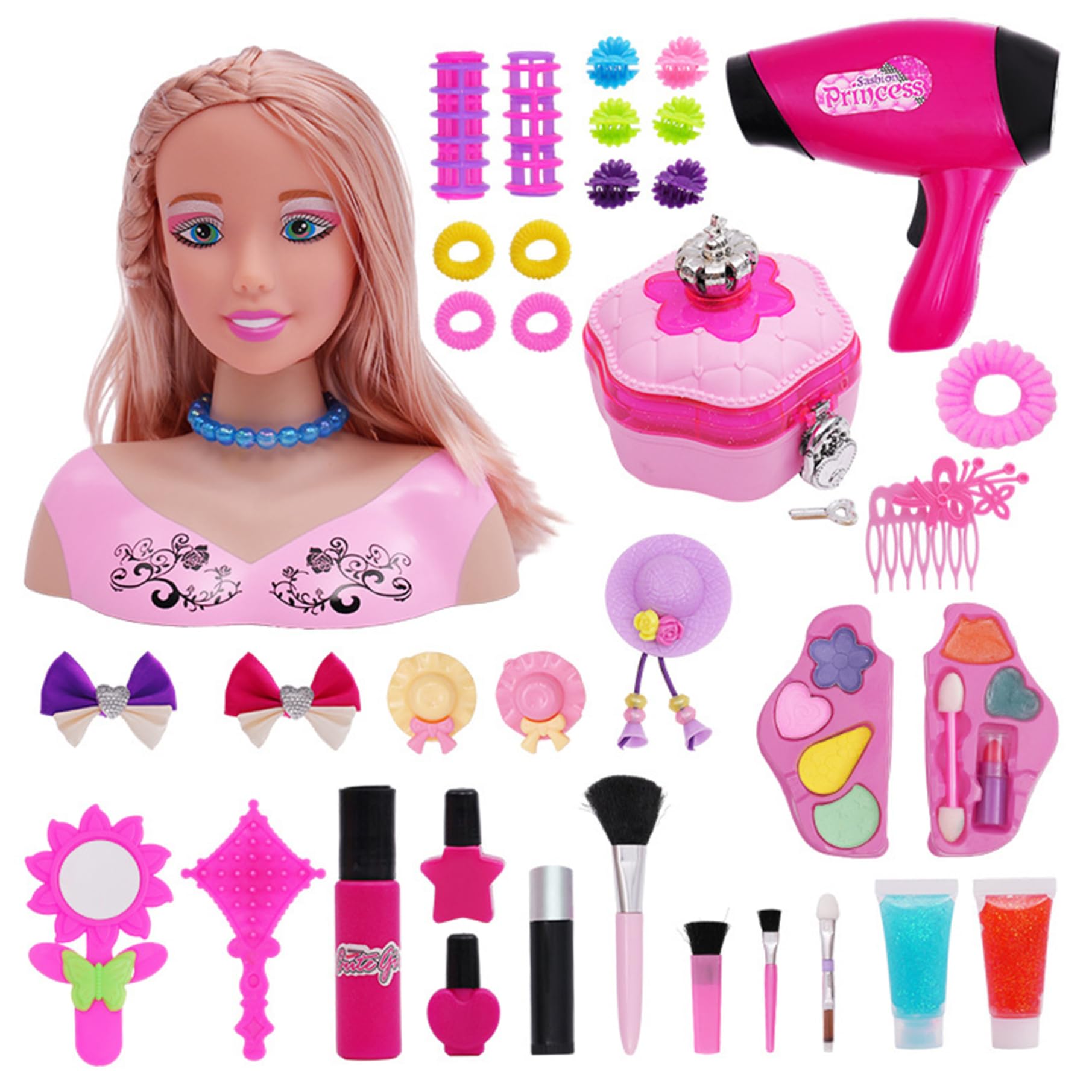 Cabeza de muñeca con Estilo para niños, 39 Unidades/Juego, Cabeza de muñeca con Estilo de Pelo Seguro para niñas, Juego de peluquería con Accesorios para el Cabello para niñas