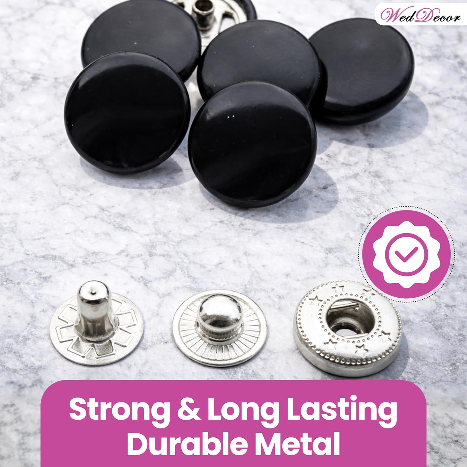 Weddecor 50 Sets Shiny Black Snap Fasteners Large 4 Parts Press Studs Durable Metal No-sew Buttons for Leathercraft, Sewing, Jackets, Shirts, Fabric Repair DIY Projects, 15mm