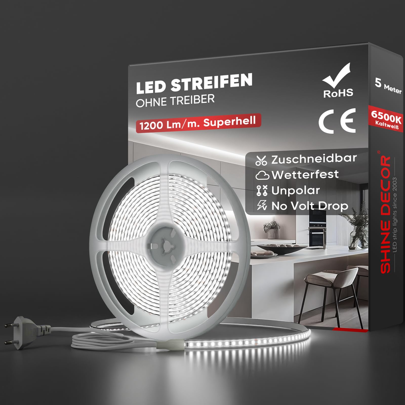 Shine Decor LED Streifen 5m, AC 220V 230V IP65 Wasserdicht LED Band, SMD 2835 120 leds/m Ultrahohe Helligkeit Lichtleiste für Küche Garten LED Beleuchtung (5M, Kaltes Weiß, CE Zertifiziert)