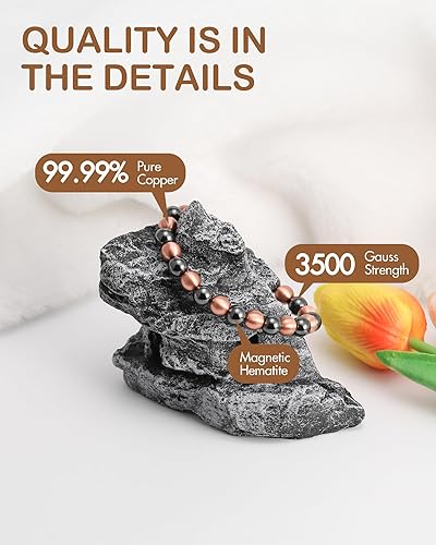 Miniatura 3 de Feraco Pulsera magnética de cobre puro para mujer, 0.315 in, 99.99% de cobre sólido y 3500 cuentas de hematita magnética Gauss, pulsera elástica