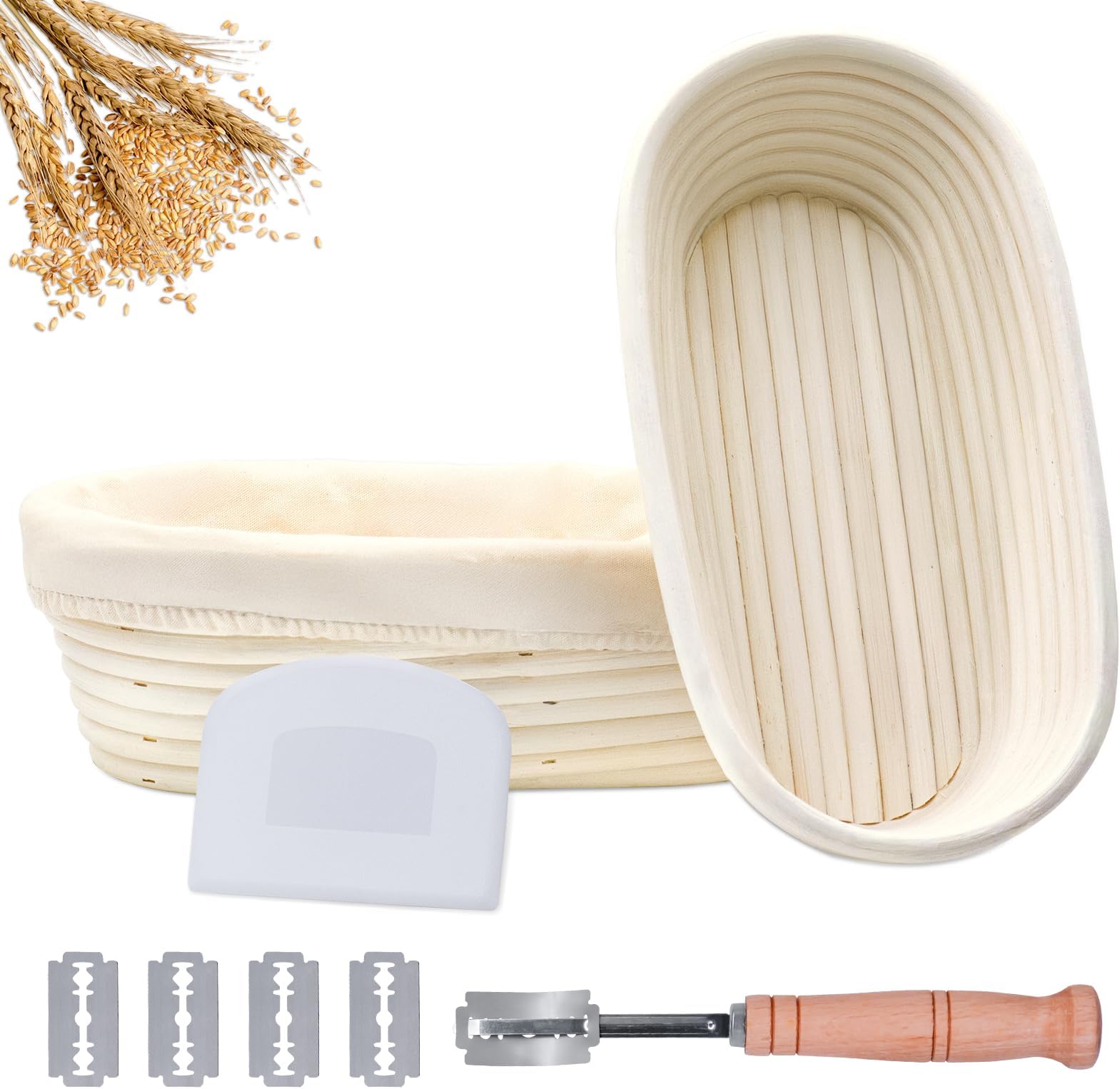 Banneton Bread Proofing Basket Set of 2, 11 Inch Oval Proofing Basket Baking Supplies Bread Making Tools Sourdough Proofing Bowls with Bread Lame, Linen Liner and Dough Scraper