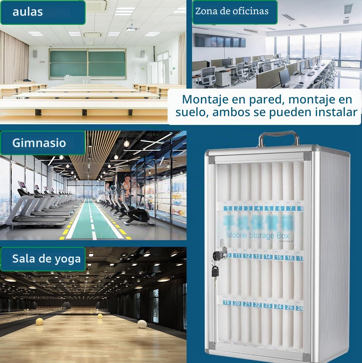 Armario para teléfono móvil con asa, cerradura, montaje en pared de aluminio o de gestión de escritorio, adecuado para escuela, oficinas (color plateado, 12 ranuras)