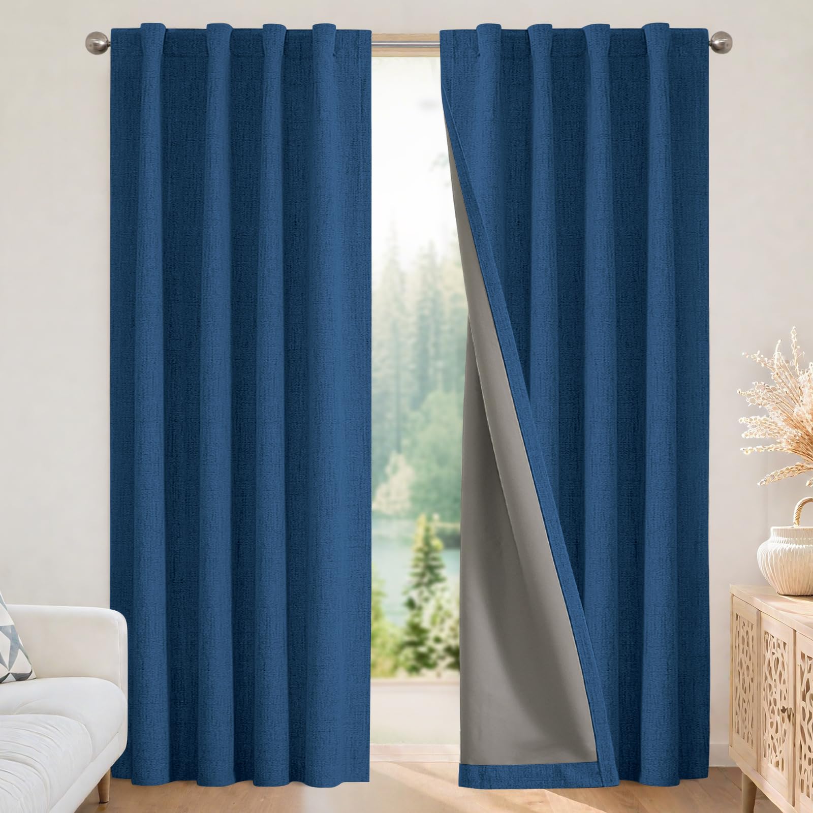 Joydeco Blackout Curtains for Bedroom - 72 Inch Long 100% Light Blocking 2 Panels Navy Blue Drapes, Thermal Insulated Room Darkening Curtains, Linen