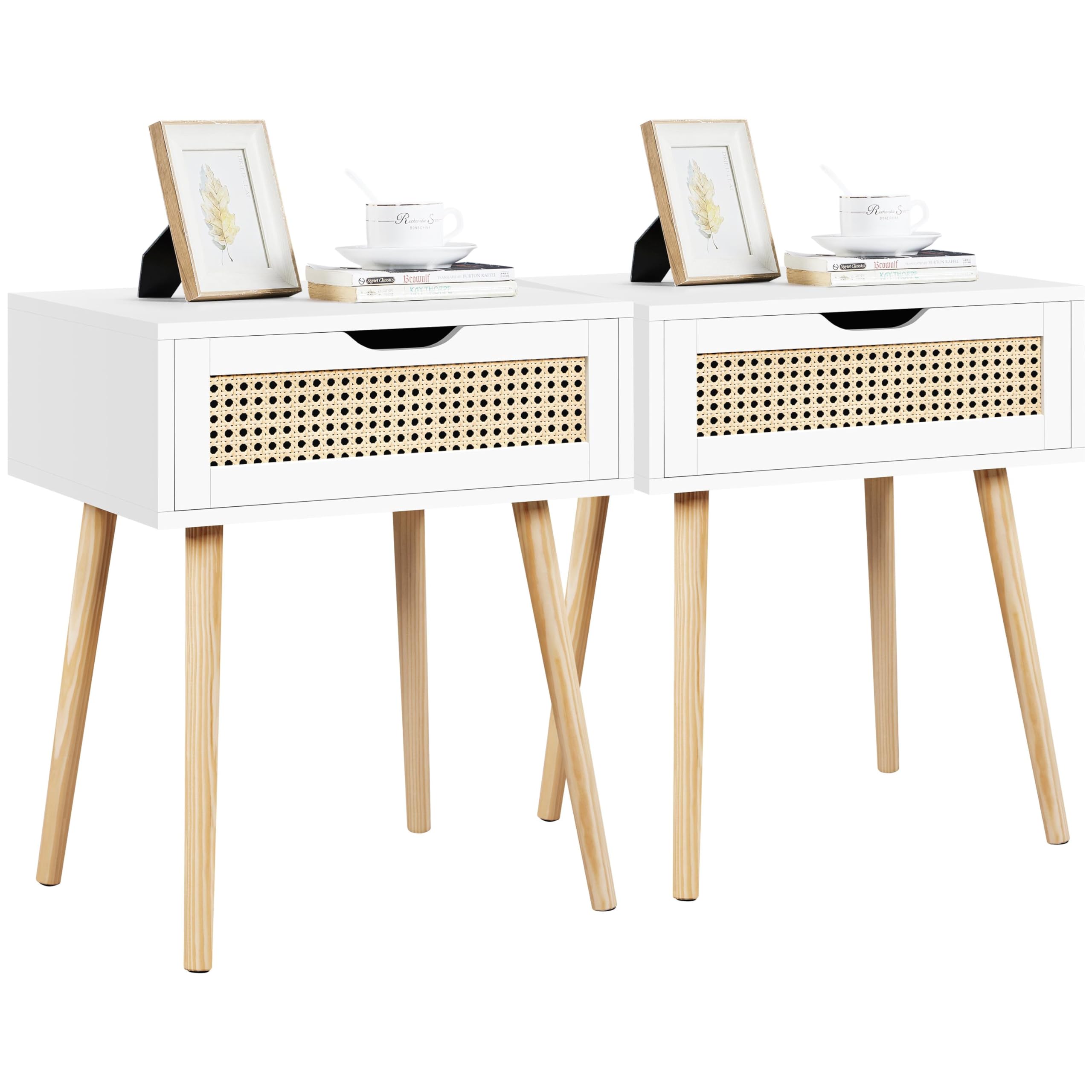 Yaheetech Set 2 Comodini Camera da Letto Comodino con Cassetto in Rattan Gambe in Legno Mobiletto Organizzatore da Letto Tavolini d'Appoggio 48,3 x 40,7 x 57,7 cm Bianco