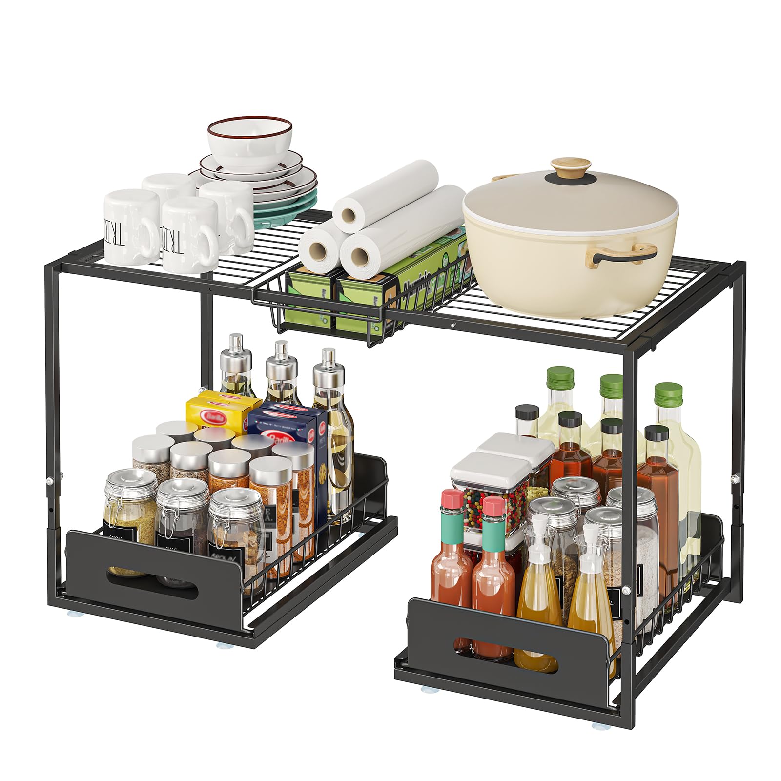YunNasi Organizador Bajo Fregadero, Armario 2 Niveles Metal Altura Ajustable Estantería Bajo Fregadero, Bandeja Extraible Mueble Almacenaje para Cocina Baño (Negro, A-Estilo)