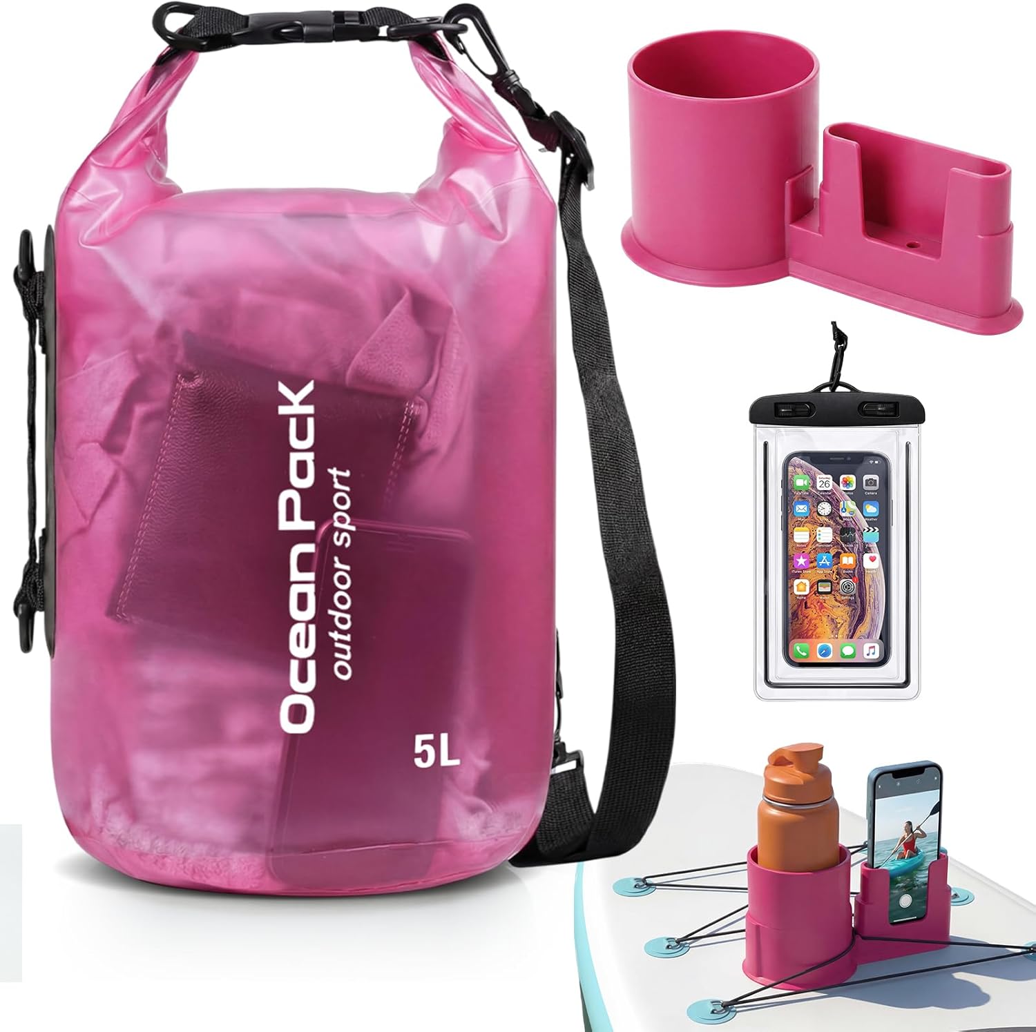 Thinkday 3 Pcs Paddle Board Accessories Include 5L Waterproof Dry Bag for Women Men 2-in-1 Paddleboard Cup Holder Waterproof Phone Case Roll Top Lightweight Storage Bag for SUP Kayak Boat(Pink)