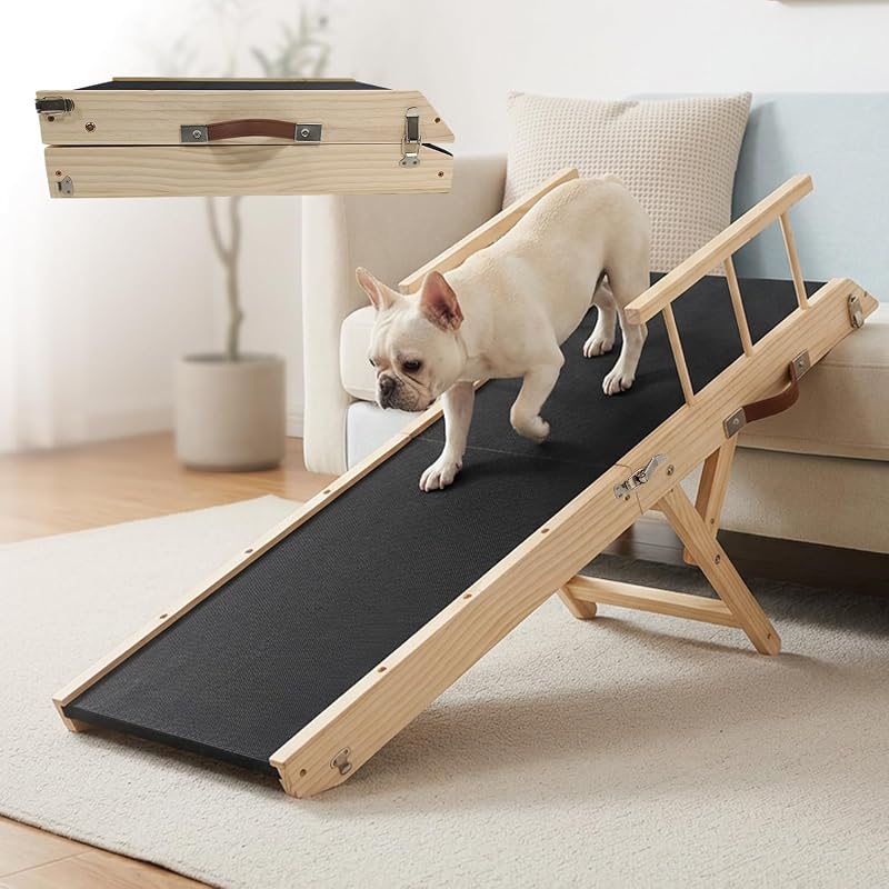 Rubber-Mat Dog Ramp with Rails for Couch, Bed or Car - 40" Long Foldable Wood Pet Ramp Adjustable Height from 10" to 21", with High Traction Mat for Small Medium Older Dogs, Up to 180 Lbs