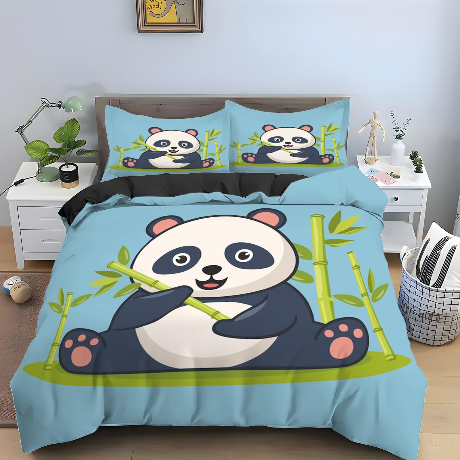 Linge de lit en microfibre douce panda avec housse de couette 240x260 et taies