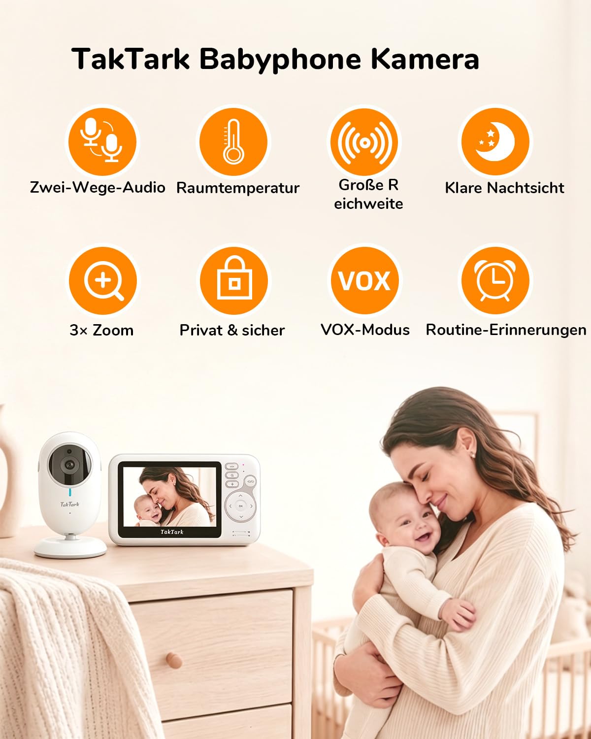 TakTark Babyphone mit Kamera, 4.3'' Babyphone Video Baby Monitor, Babyfon mit Kamera und Audio mit VOX, Gegensprechfunktion, Nachtsicht, Digitalzoom, Temperaturüberwachung und Keine störenden Lichter