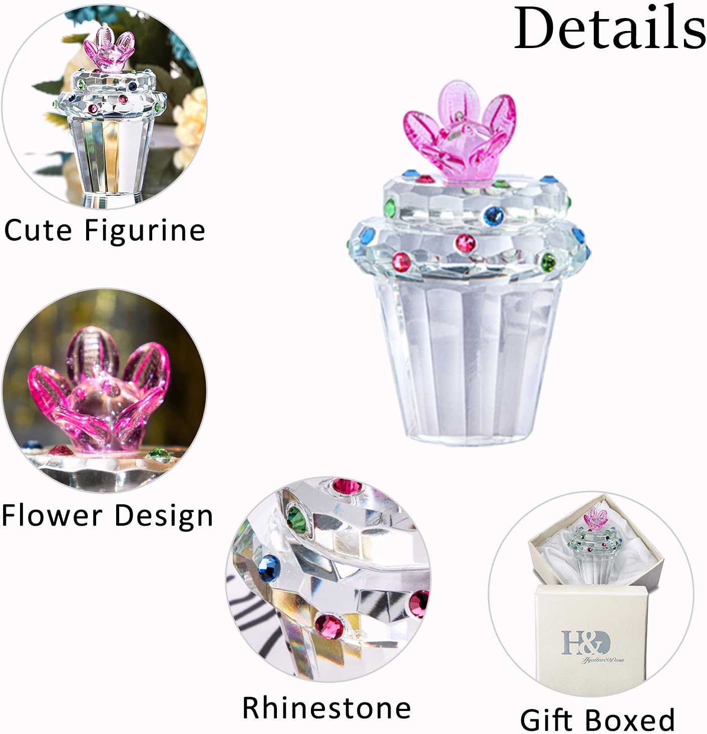 H&D 2.2 Inch Cute Crystal Cupcake with Pink Flower Decor Collectible Figurine Gift for Wedding, Event, Birthday Party : Home & Kitchen