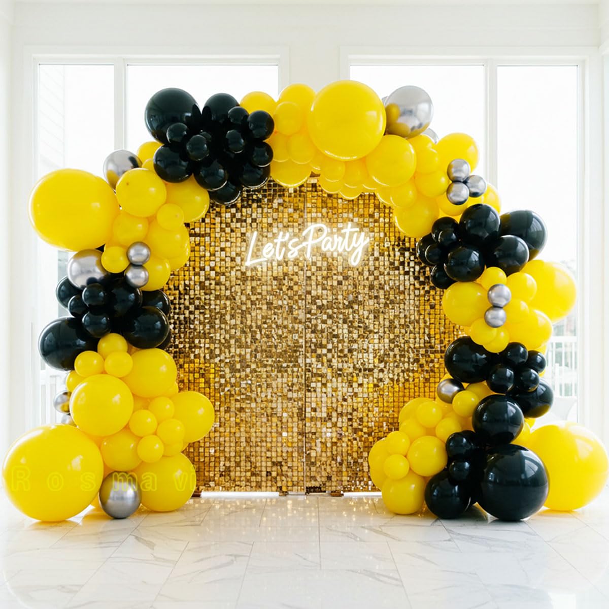 Black and Yellow Balloon Arch Kit with Silver Balloons, 127 Pcs