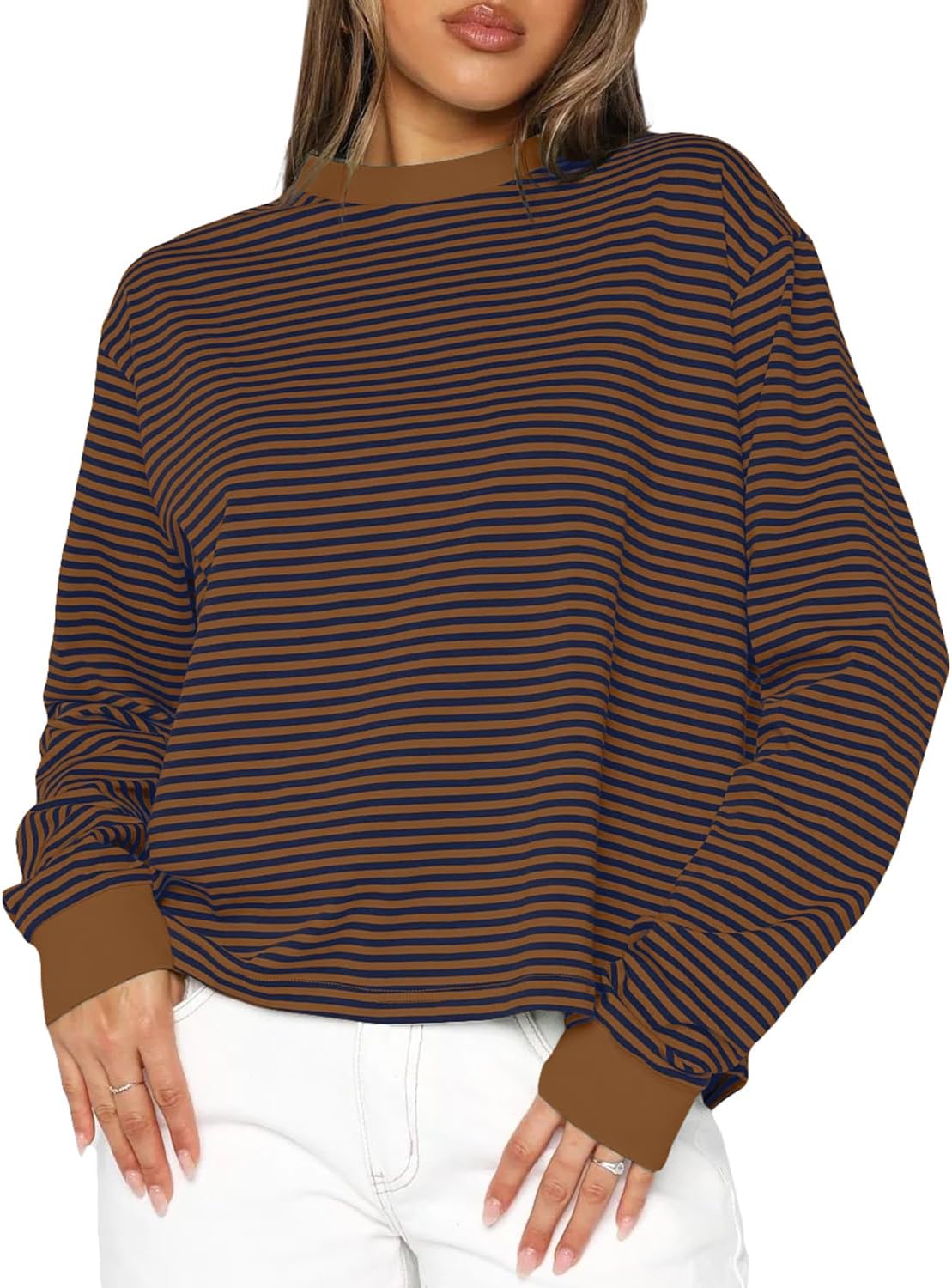 Cioatin Women Oversized Long Sleeve Striped Colorblock Tee Tops Crew Neck Loose Tshirt Pullover Y2K Aesthetic Fall Outfits