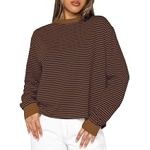 Cioatin Women Oversized Long Sleeve Striped Colorblock Tee Tops Crew Neck Loose Tshirt Pullover Y2K Aesthetic Fall Outfits