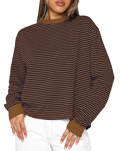 Cioatin Women Oversized Long Sleeve Striped Colorblock Tee Tops Crew