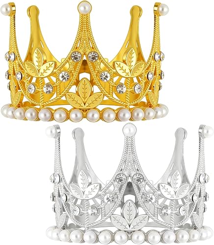 BLMHTWO 2Pcs Crown Cake Topper, Gold Silver Small Crown Queen
