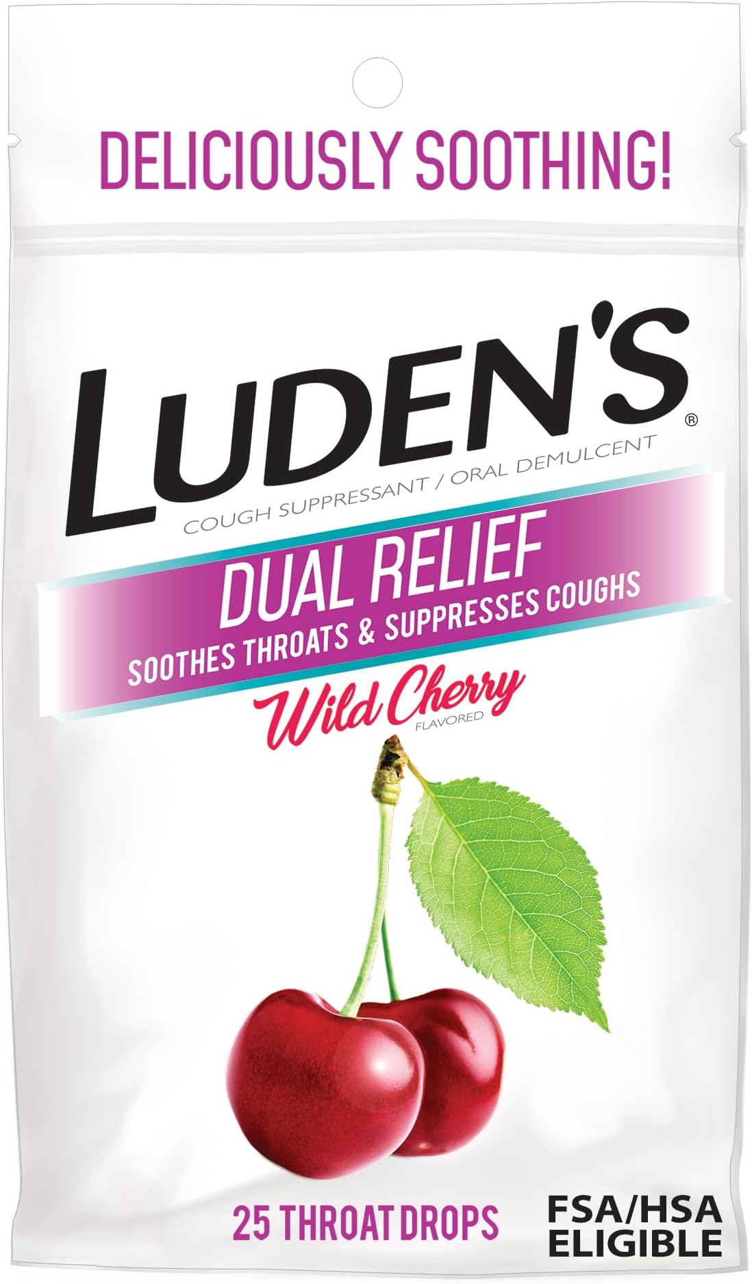 Luden's Dual Relief Cough Drops, Wild Cherry, Deliciously Soothing Lozenges with Menthol for Minor Everyday Throat Irritation, 25 Count