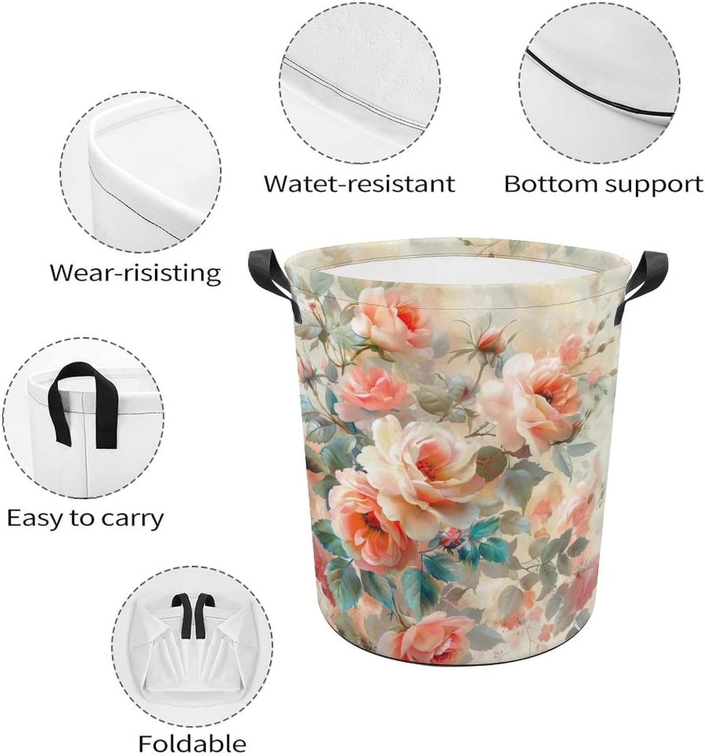 Vintage Watercolor Roses Foldable Laundry Hamper with Handles, Waterproof Oxford Cloth Basket, Collapsible Storage for Bathroom Bedroom Dorm image 4