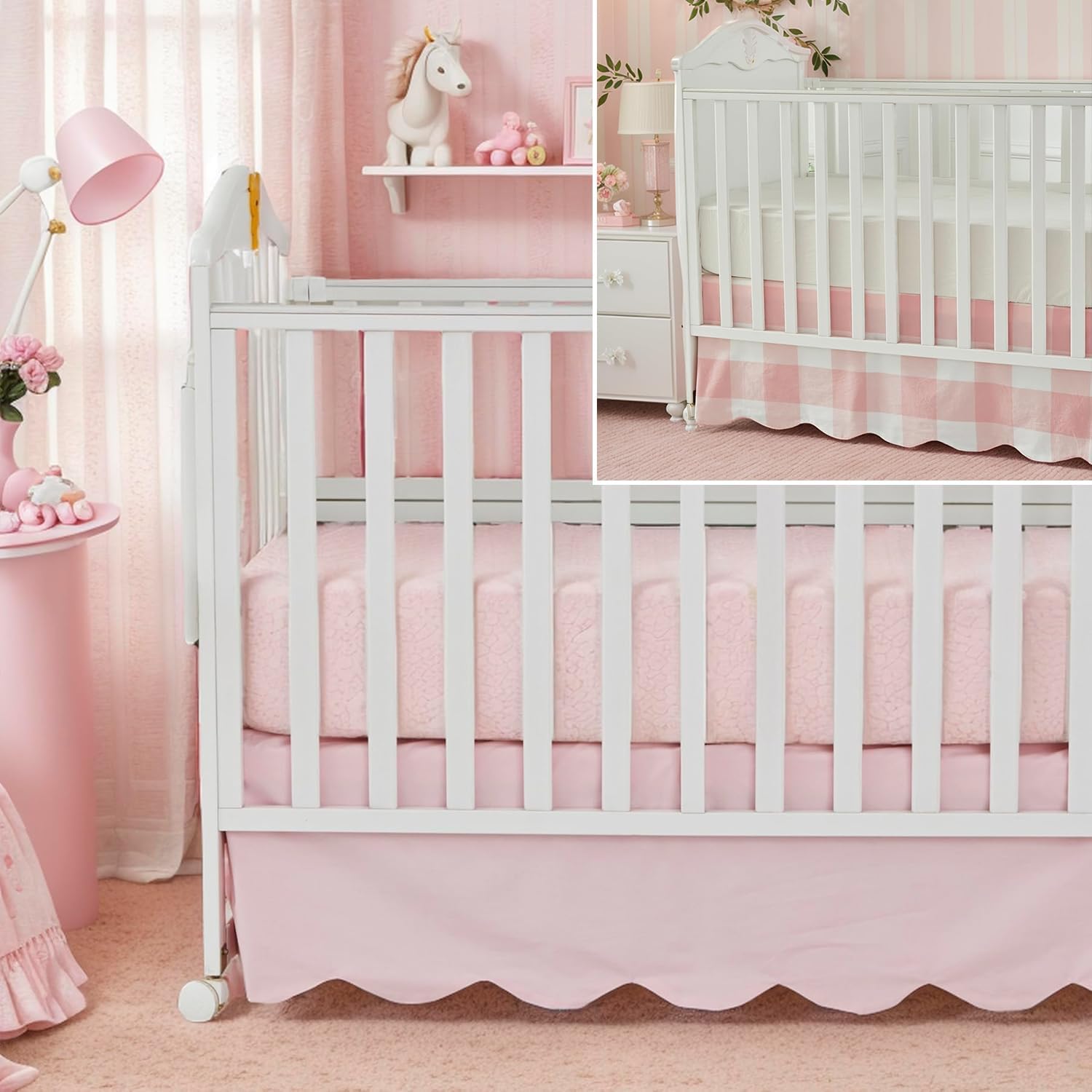 Brandream 2 Packs Crib Bed Skirt Scallop Edge Cotton Crib Skirt Boho Bohemian Solid Pink Light Pink Plaid Gingham