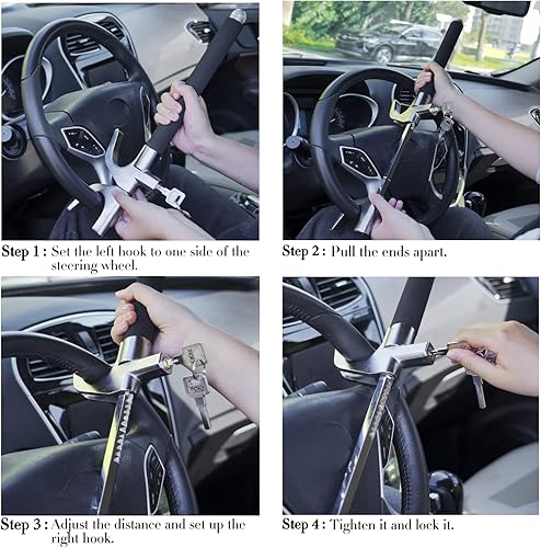 Miniatura 6 de Bloqueo antirrobo para volante, barra de bloqueo de volante resistente, abrazadera de longitud ajustable para automóviles universales con martillo