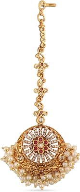 TARINIKA Antique Maang Tikka - Indian Jewelry for Women - Nethi Chutti | Gold Plated Brass with Cubic Zirconia stones; Matching Earrings; Ideal for Wedding/Ethnic Occasions; Gift for her.
