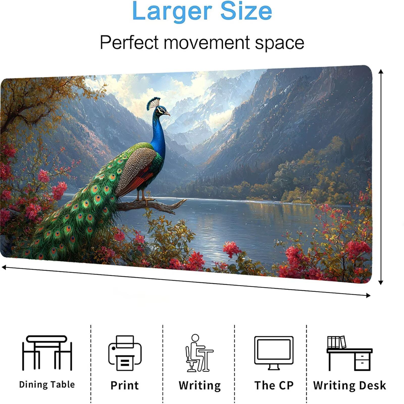 Podkładka pod mysz pawia matowa, podkładka pod mysz do gier XXL 1200 x 600 x 5 mm, podkładka na biurko dla graczy, bardzo duża bezszwowa mata na stół dla graczy, antypoślizgowa podstawa, wodoodporna