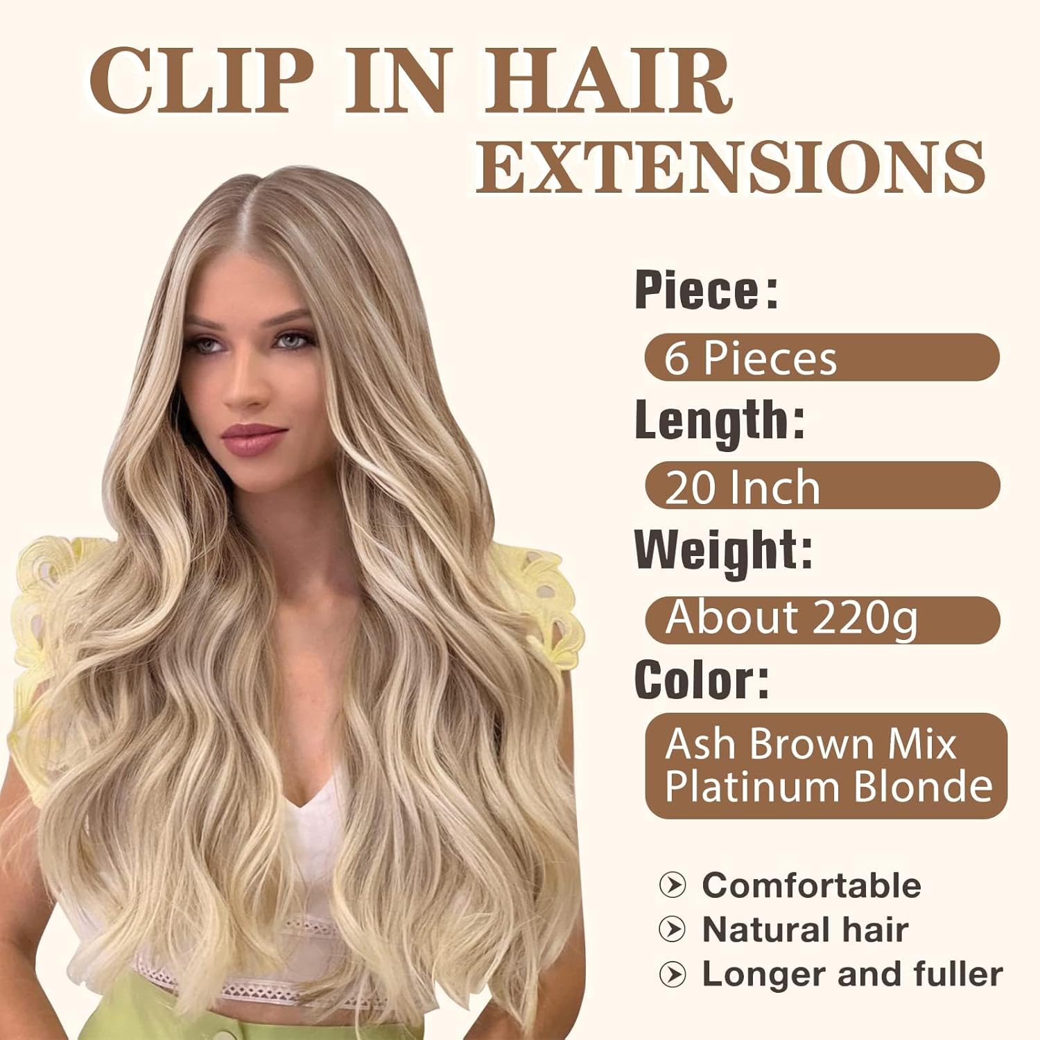 NAYOO Clip in Hair Extensions for Women 20 Inch Long Wavy Curly Dirty Blonde Hair Extension Synthetic Hair Extension Hairpieces (6PCS, Dirty Blonde)