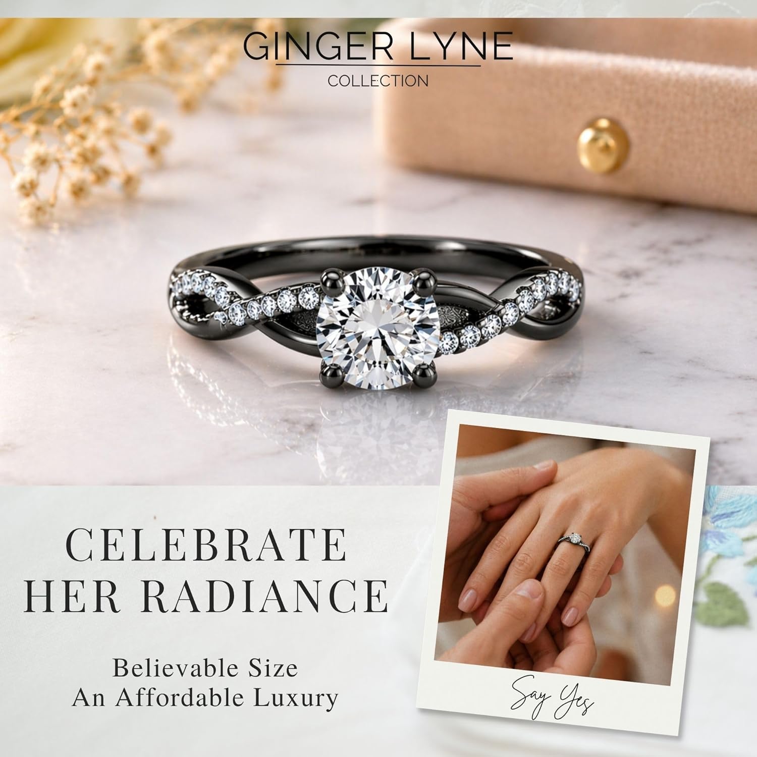 Queena Engagement Ring for Women by Ginger Lyne | 925 Sterling Silver Black Cubic Zirconia Solitaire Ring | Elegant Black Promise Ring or Travel Decoy Ring for Proposals & Special Occasions