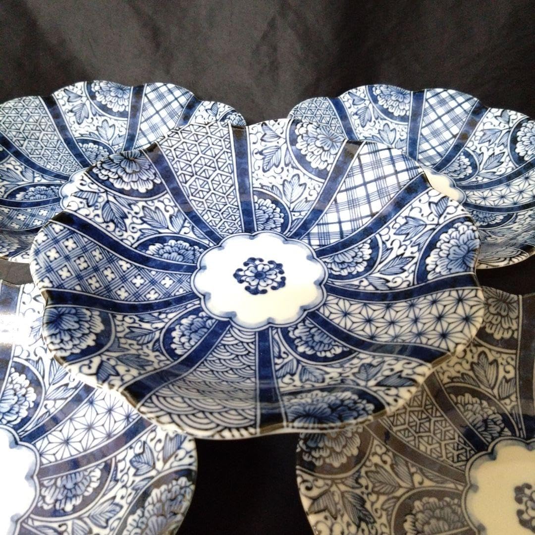 新品　美濃焼　染付　紺青花　花型深皿5枚　新生活　お祝い 美濃 ホーム＆キッチン 美濃焼 染付 紺青花 花型深皿5枚