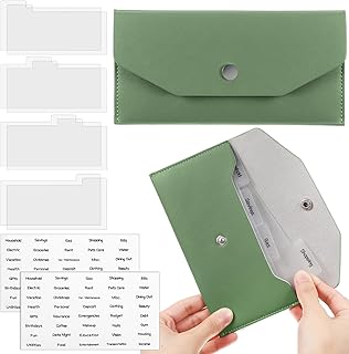 Frienda 1 Cash Envelope Wallet PU Leather Reusable Budget Envelope 8 Cash Dividers 2 Sheets Category Sticker Labels for Wallets Bill Planner(Sage Green,Classic)