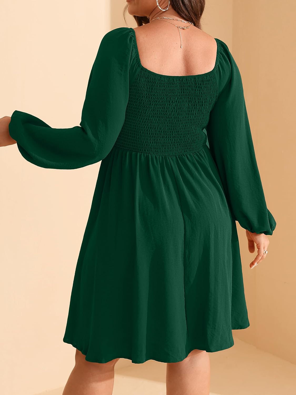 RWJ Womens Long Sleeve Mini Dress 2025 Fall Elegant Square Neck A Line Ruched Smocked Wedding Guest Party Plus Size Dresses - Image 2