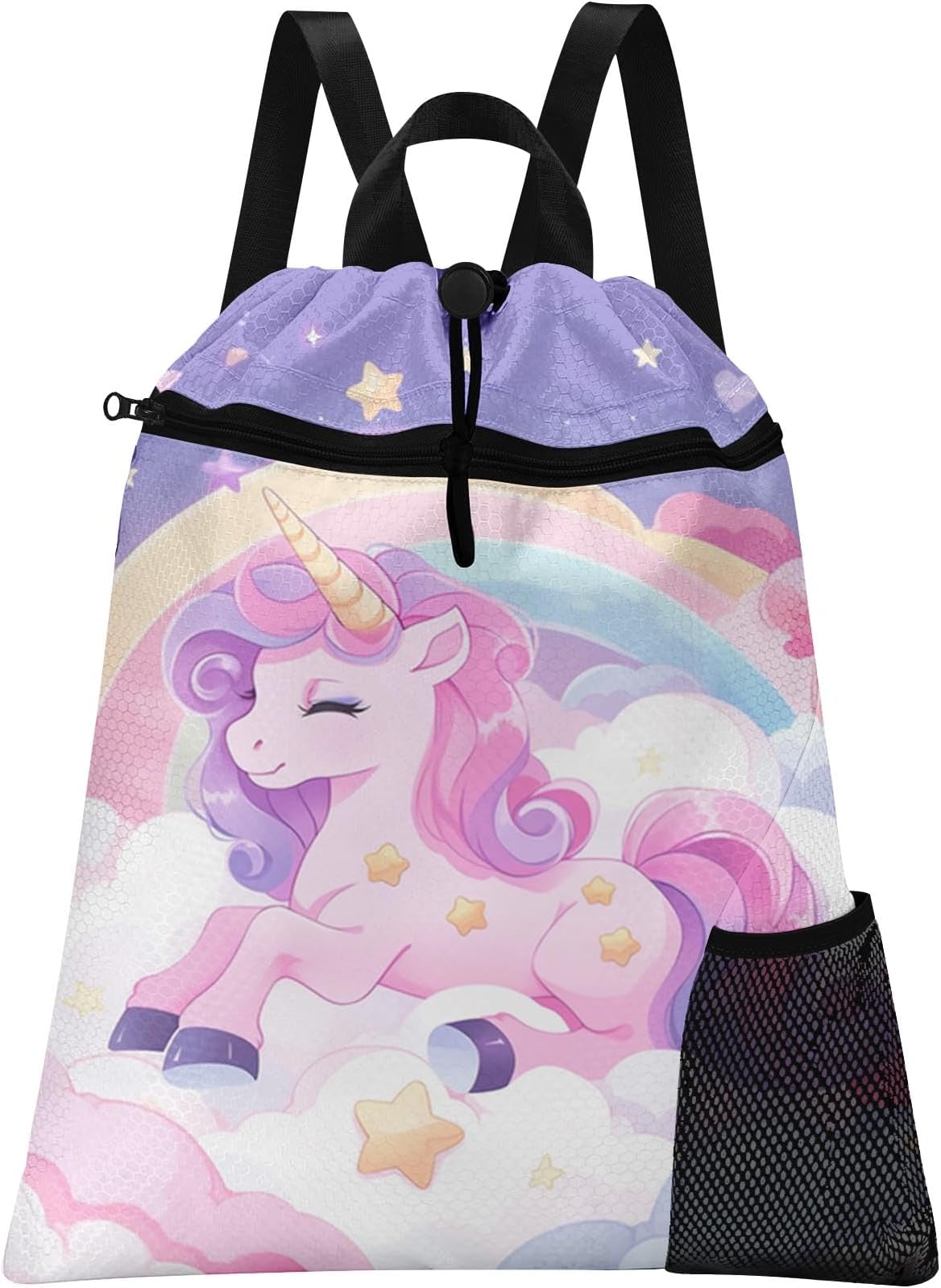 Unicorn Drawstring Backpack, 15” x 17” Waterproof Swim Bag for Beach Swimming Pool, Lightweight Foldable Gym Bag with Water Bottle Holder for Sports Travel