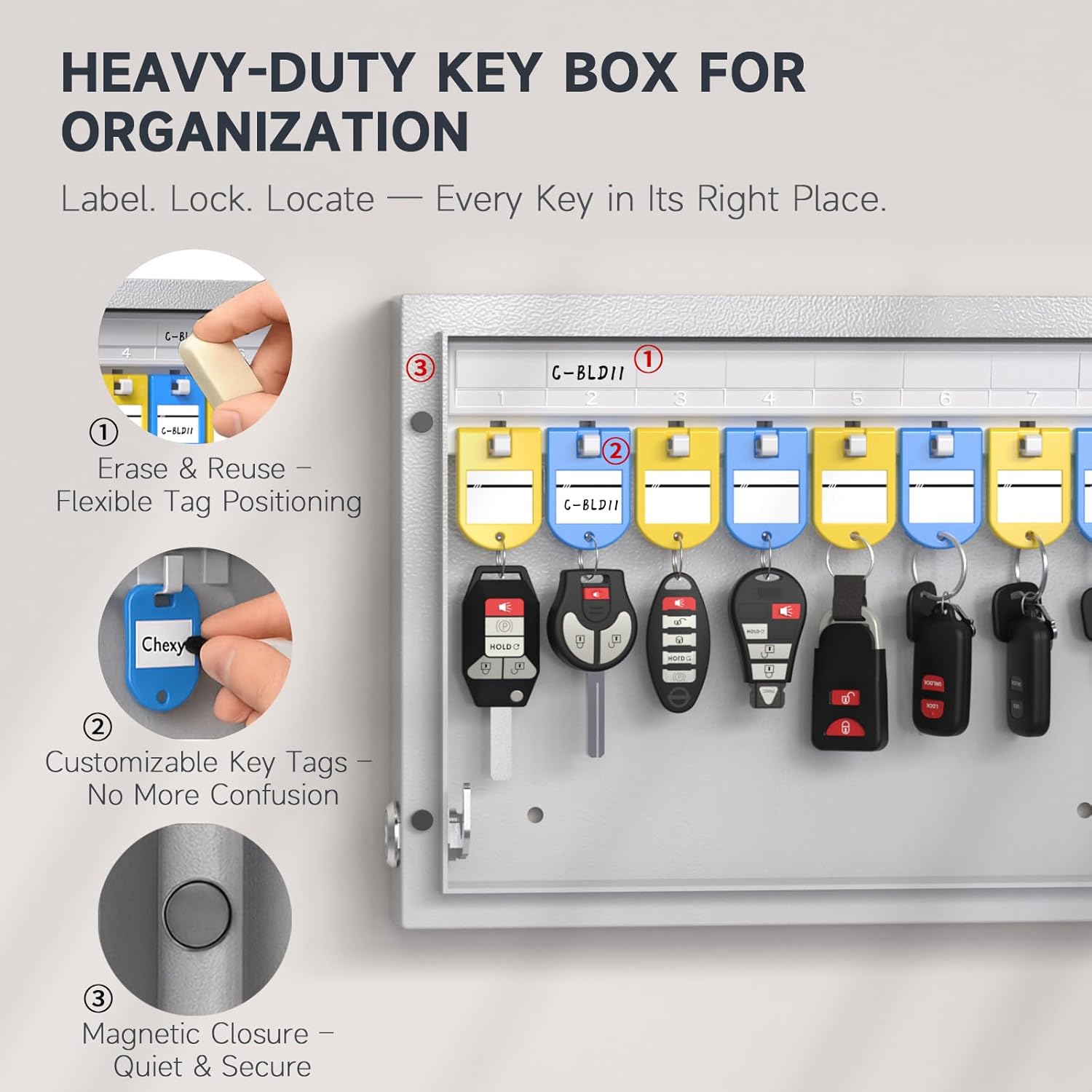 16 Key Lock Box - Wall Mounted Key Cabinet with 3-Digit Combination Lock & Backup Key, Key Organizer Lockbox for Home, Office, Rental, Property Management, Includes Key Tags & Magnetic Door