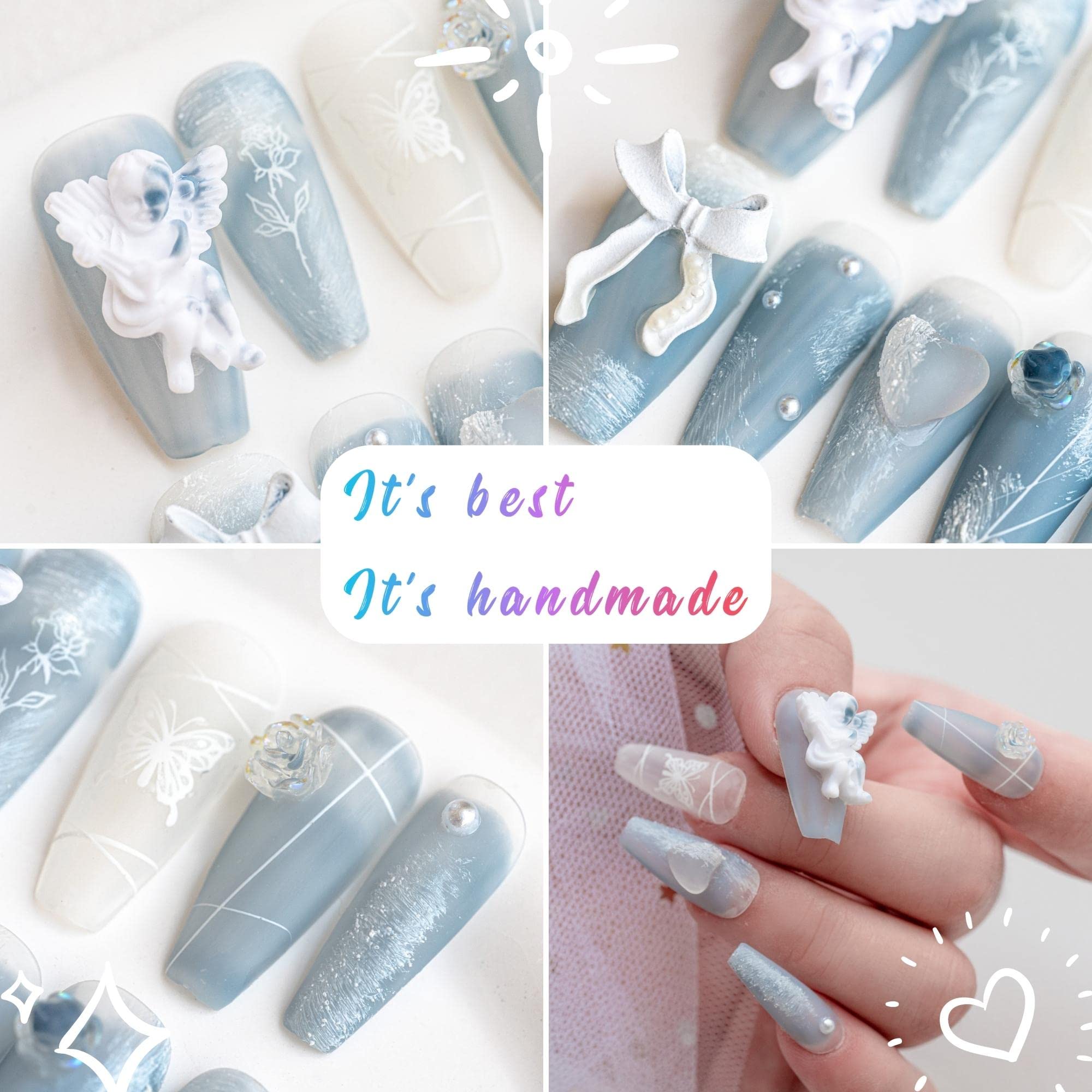 Sun&Beam Nails Handmade Press On Nails Medium Trapezoid Light Blue White 3D Angel Flower Pearl Matte Finish 10 Pieces for Everyday Wear and Special Occasions (#008 XS) - Image 2