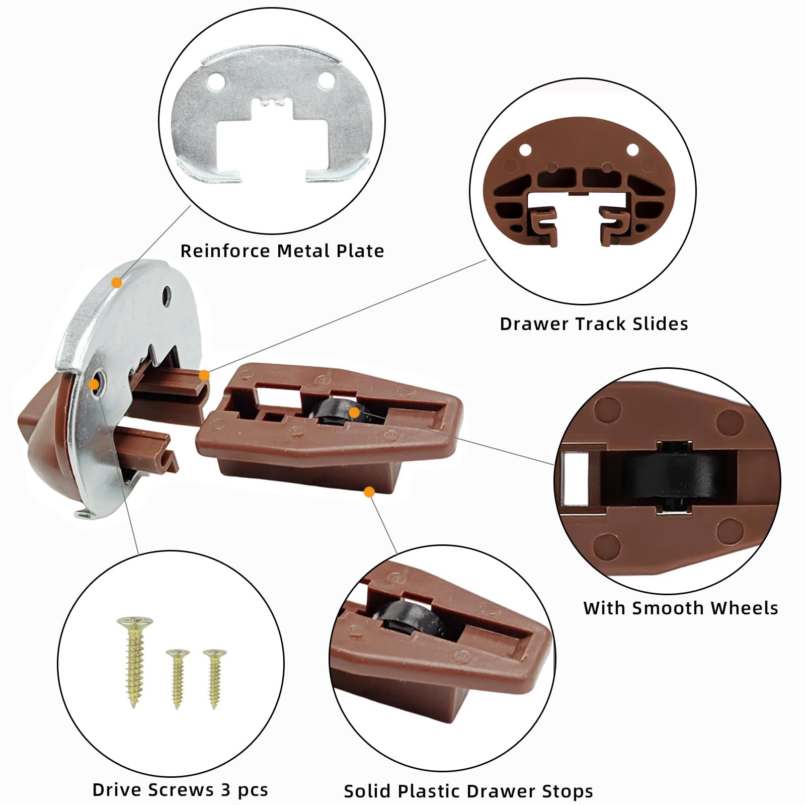 Updated Drawer Slides Guides with Metal Reinforce Plate, Replacement Furniture Part for Dresser Cabinet and Nightstand Center Undermount Drawer Kits (8 PCS)