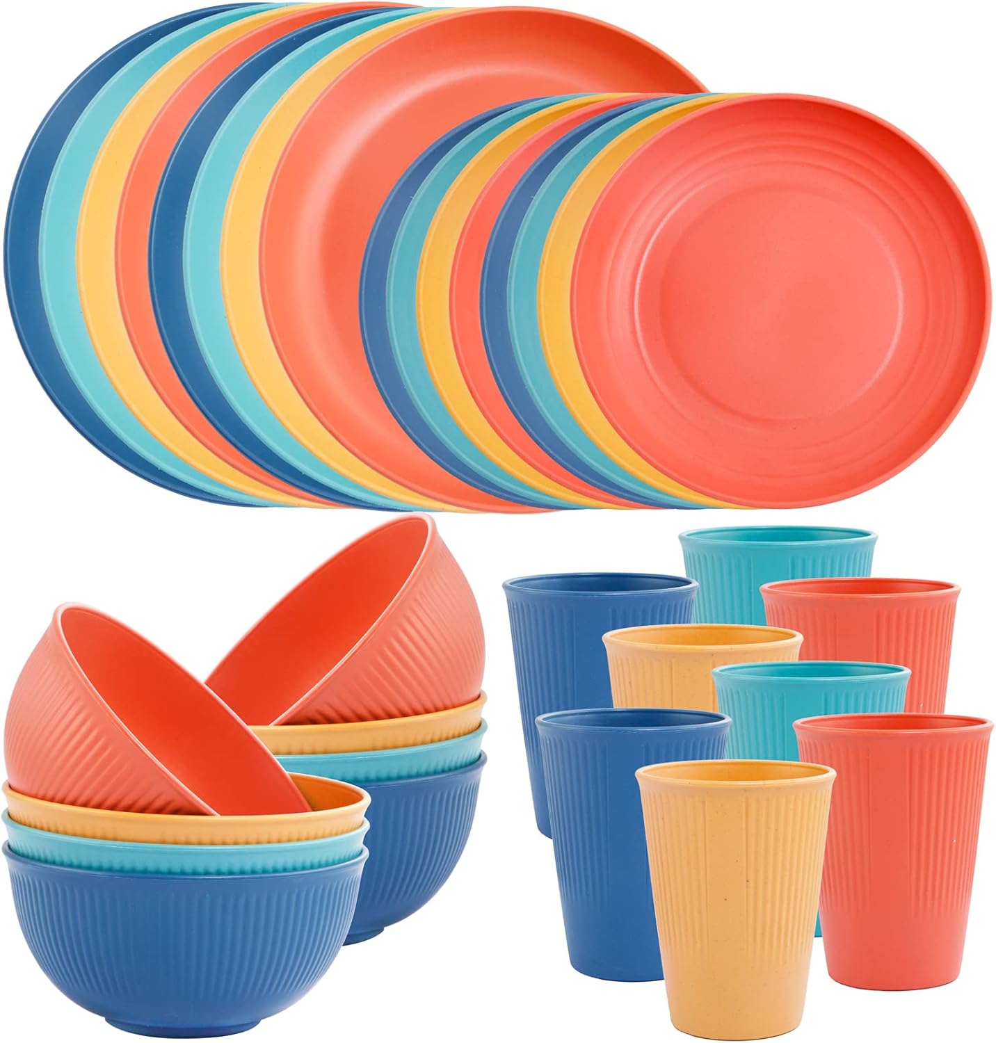 LIYH 32 Pcs Wheat Straw Dinnerware Sets for 8 – Plastic Plates and Bowls Set, Reusable Plastic Plates Bowls, Camper Dish Set for 8, Unbreakable & Dishwasher Dinnerware Stes (Pink Blue Green Yellow)