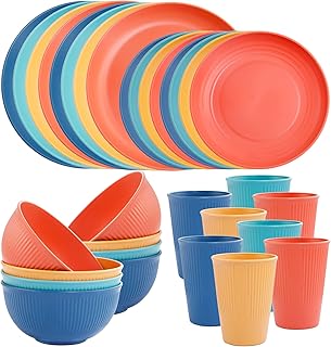 LIYH 32 Pcs Wheat Straw Dinnerware Sets - Plastic Plates and Bowls Set,Reusable Plastic Plates,Dishes Set for 8,Unbreakable & Dishwasher Dinnerware Stes,Thanksgiving Halloween Fall Decor