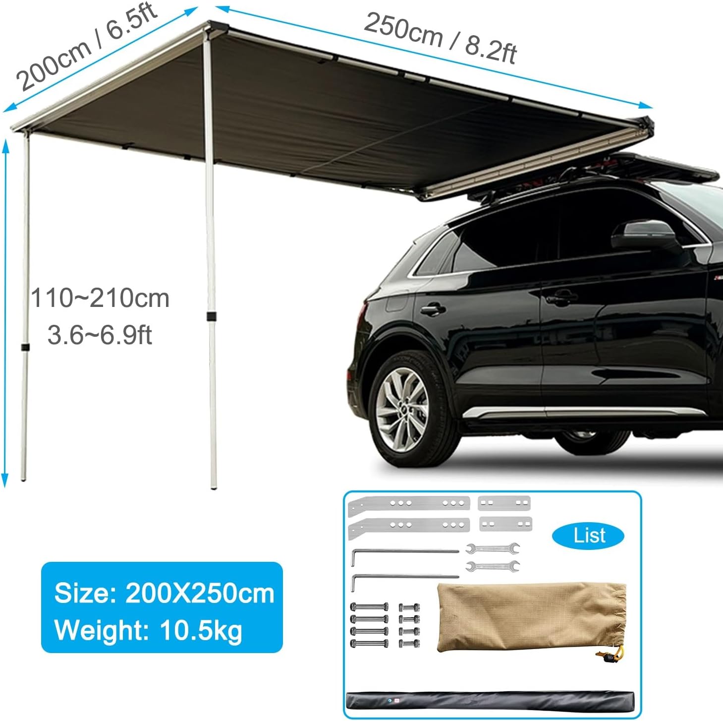 car side awning room features showing 420D oxford fabric and aluminum poles