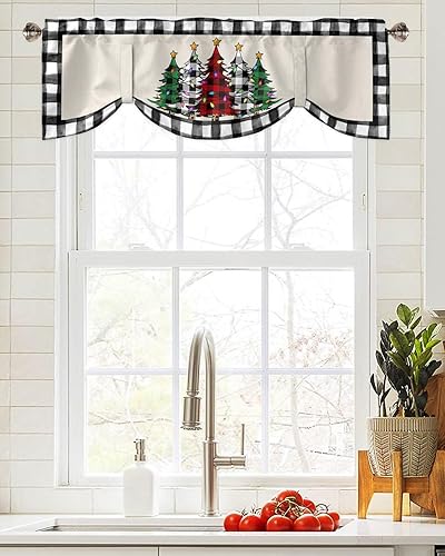 Miniatura 4 de Cenefas de amarre de árbol de Navidad para ventanas, árbol de Navidad, búfalo, a cuadros, leopardo, estrella, bolsillo para barra, cortinas cortas