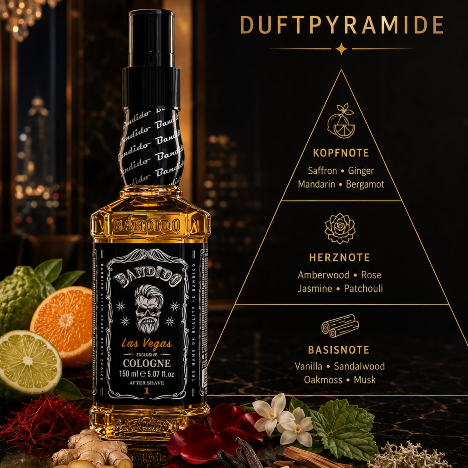 Bandido Eau de Cologne męska woda zapachowa po goleniu woda do golenia dla mężczyzn, odświeża, chłodzi, długotrwały zapach, zapobiega oparzeniom po goleniu i pielęgnacji po goleniu (Las Vegas 150 ml)